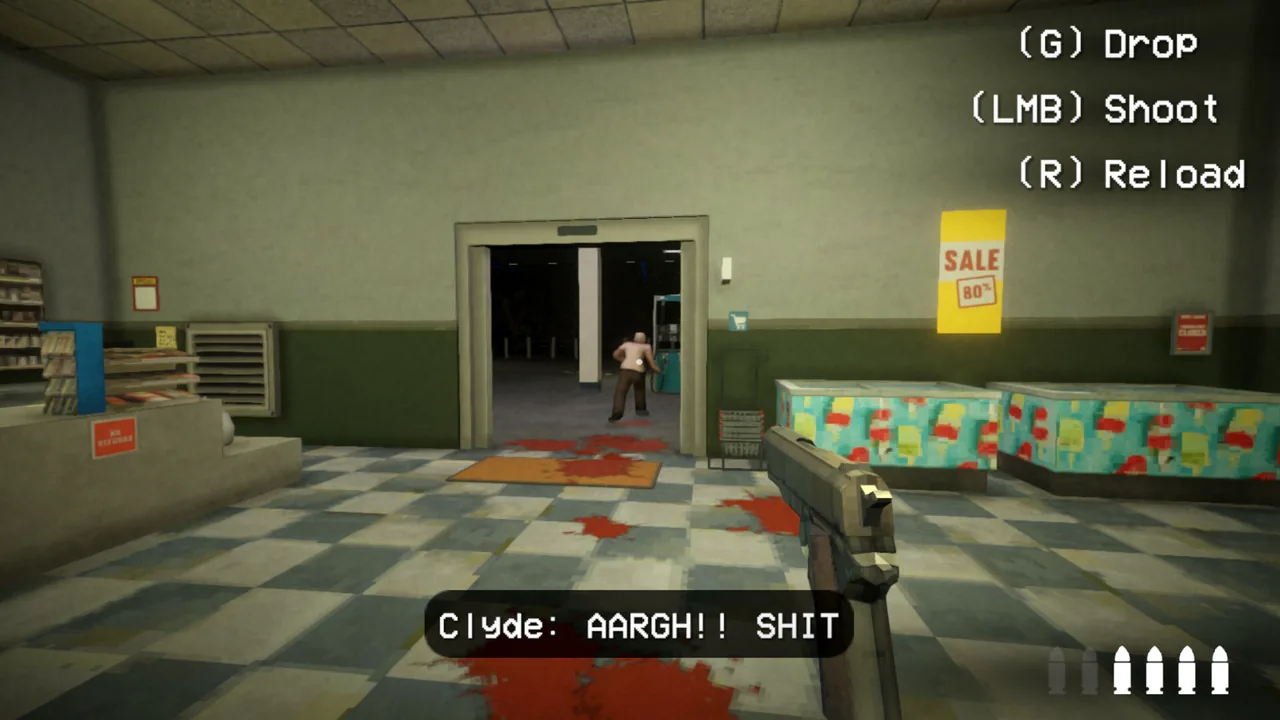 A player aiming at a hostile creature inside the gas station in Shift at Midnight