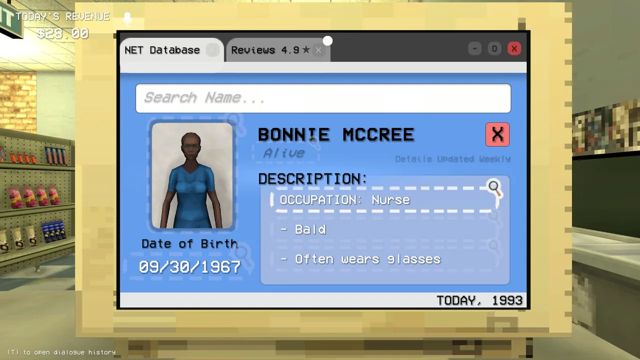 The in-game customer database open on the gas station terminal in Shift at Midnight